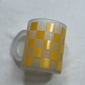Dwell Studio Yellow Smiley Faces Glass Mug Coffee Cup 12 Ounce
